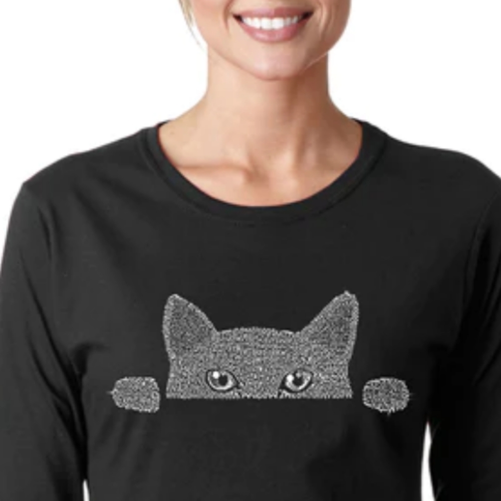 LA Pop Art Women's Word Art Peeking Cat T-Shirt Long Sleeves XXL